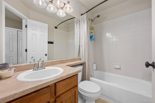 bathroom with shower / bath combination with curtain, vanity, and toilet