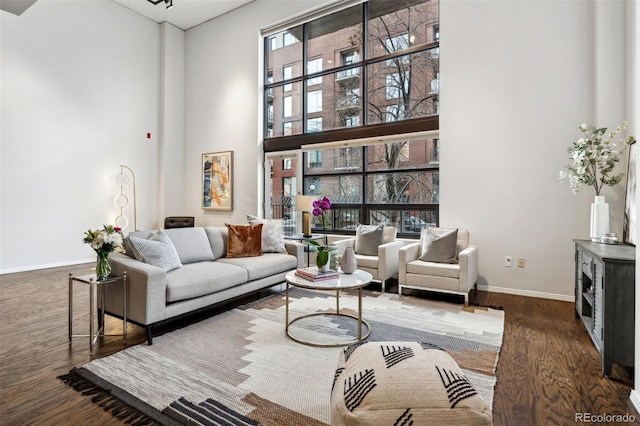 living area featuring a high ceiling, baseboards, and wood finished floors