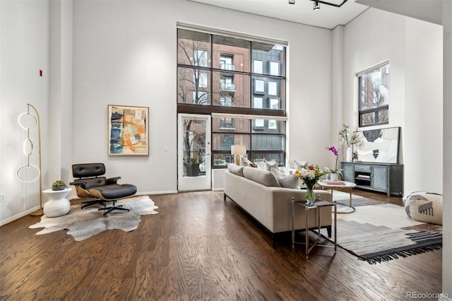 living room featuring a high ceiling, wood finished floors, and baseboards