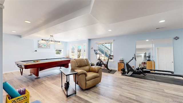 recreation room featuring visible vents, baseboards, recessed lighting, pool table, and light wood-type flooring