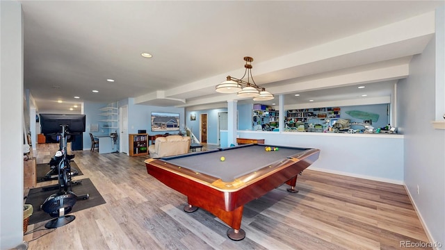 playroom featuring pool table, recessed lighting, wood finished floors, and baseboards