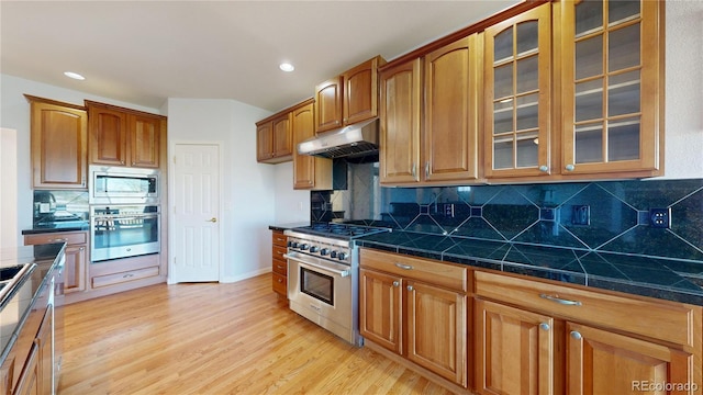 14701 Yosemite St, Brighton, CO 80602 - kitchen featuring appliances with stainless steel finishes, under cabinet range hood, glass insert cabinets, light wood-type flooring, and decorative backsplash