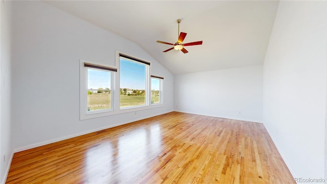 14701 Yosemite St, Brighton, CO 80602 - empty room with vaulted ceiling, ceiling fan, light wood-style floors, and baseboards