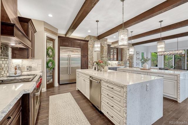 5428 Forest View Rd, Parker, CO 80134 - kitchen featuring high quality appliances, a sink, custom exhaust hood, backsplash, and a large island with sink