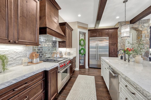 5428 Forest View Rd, Parker, CO 80134 - kitchen with premium appliances, premium range hood, beam ceiling, a sink, and tasteful backsplash