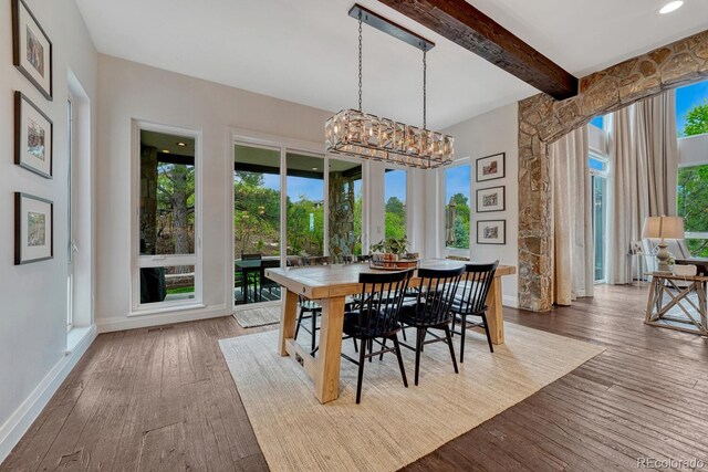 5428 Forest View Rd, Parker, CO 80134 - dining area with hardwood / wood-style flooring, beam ceiling, a chandelier, and baseboards