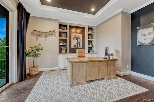 5428 Forest View Rd, Parker, CO 80134 - office area featuring wood finished floors, baseboards, ornamental molding, built in shelves, and recessed lighting