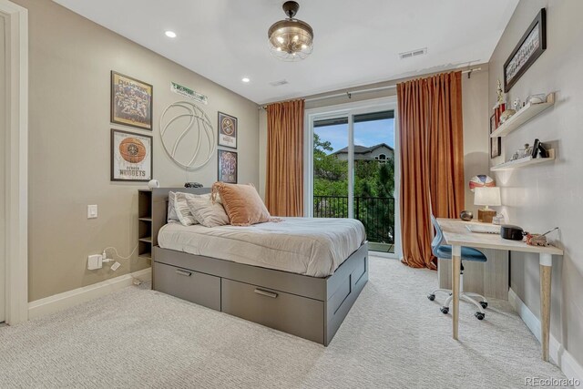 5428 Forest View Rd, Parker, CO 80134 - bedroom with access to outside, light colored carpet, a desk, baseboards, and recessed lighting