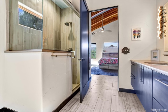 bathroom with walk in shower, a healthy amount of sunlight, and ceiling fan