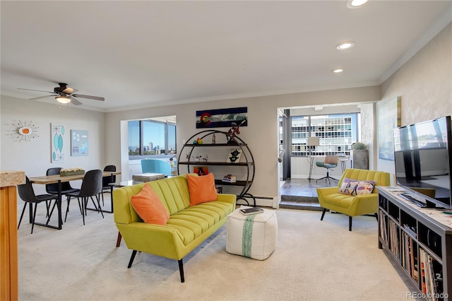 3131 E Alameda Ave Unit 1003, Denver, CO 80209 - living room featuring plenty of natural light, ornamental molding, light carpet, recessed lighting, and a baseboard radiator