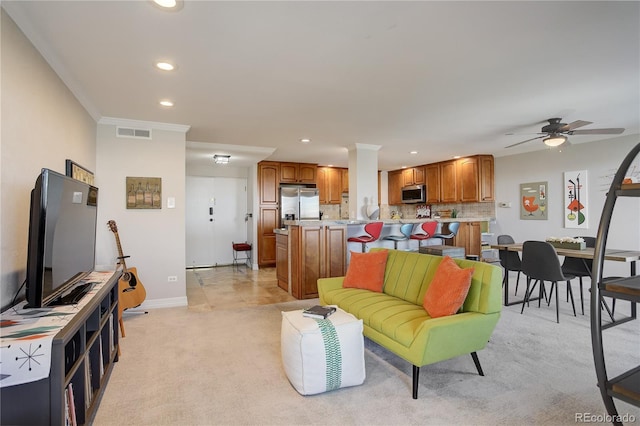 3131 E Alameda Ave Unit 1003, Denver, CO 80209 - living room featuring recessed lighting, light colored carpet, and ceiling fan