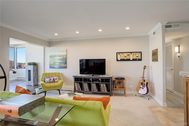 3131 E Alameda Ave Unit 1003, Denver, CO 80209 - living area featuring a baseboard heating unit, recessed lighting, ornamental molding, and carpet