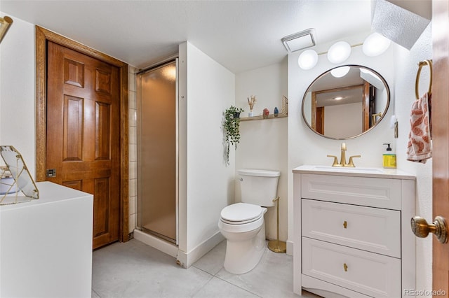 full bathroom featuring toilet, vanity, baseboards, tile patterned floors, and a stall shower