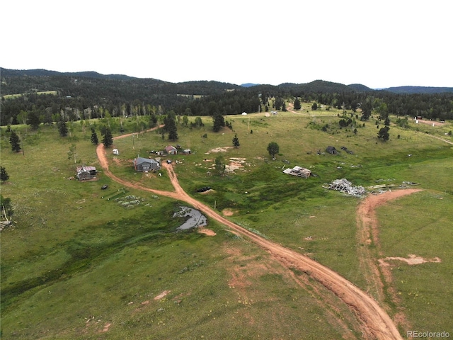 drone / aerial view featuring a mountain view, a wooded view, and a rural view