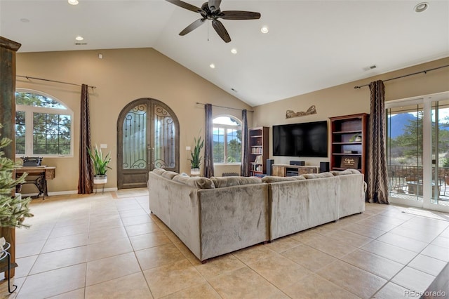 8320 Red Spring Valley Rd, Colorado Springs, CO 80919 - living room featuring light tile patterned flooring, recessed lighting, a ceiling fan, and high vaulted ceiling