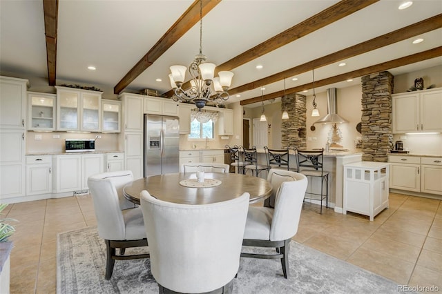 8320 Red Spring Valley Rd, Colorado Springs, CO 80919 - dining room with light tile patterned floors, a chandelier, recessed lighting, and beamed ceiling