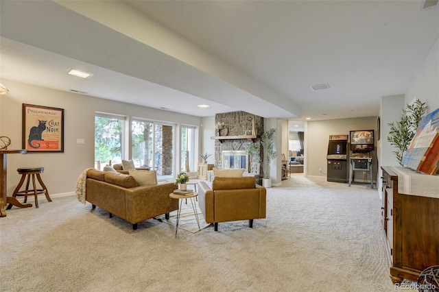 8320 Red Spring Valley Rd, Colorado Springs, CO 80919 - living area with light carpet, baseboards, a fireplace, and recessed lighting