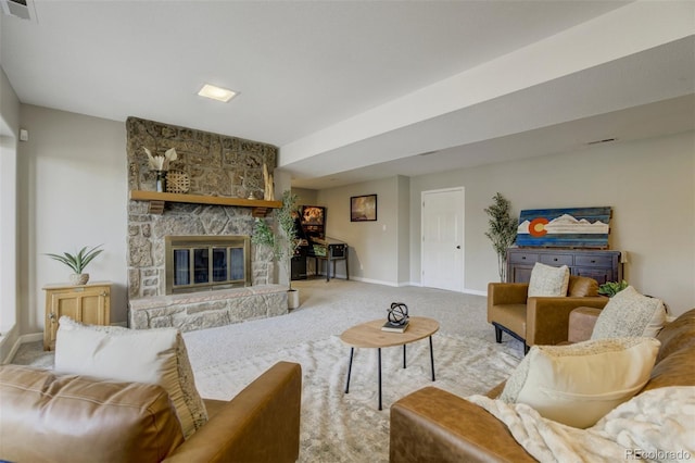8320 Red Spring Valley Rd, Colorado Springs, CO 80919 - carpeted living room featuring baseboards and a stone fireplace