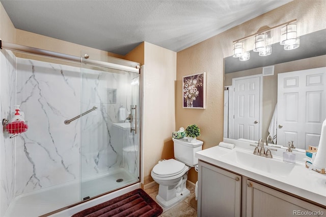 2428 W 82nd Pl Unit 1D, Westminster, CO 80031 - full bathroom featuring a textured wall, a marble finish shower, vanity, and a textured ceiling