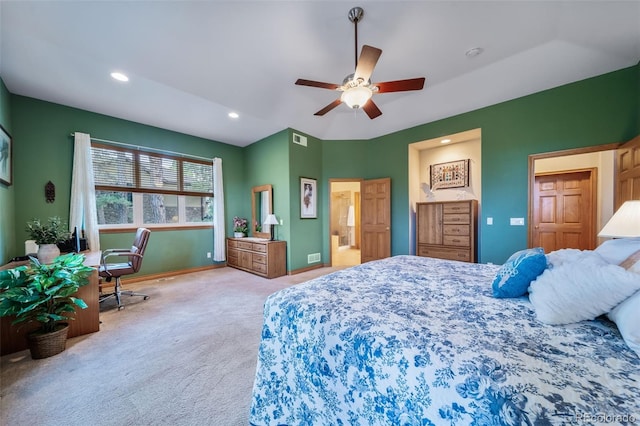 bedroom featuring ceiling fan and light colored carpet