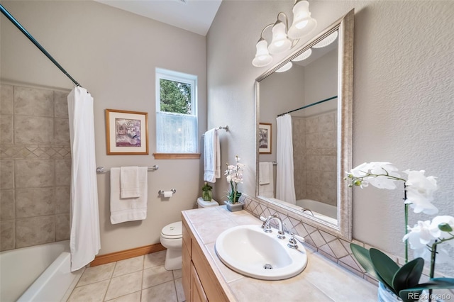 full bathroom with vanity, toilet, shower / tub combo with curtain, and tile patterned flooring