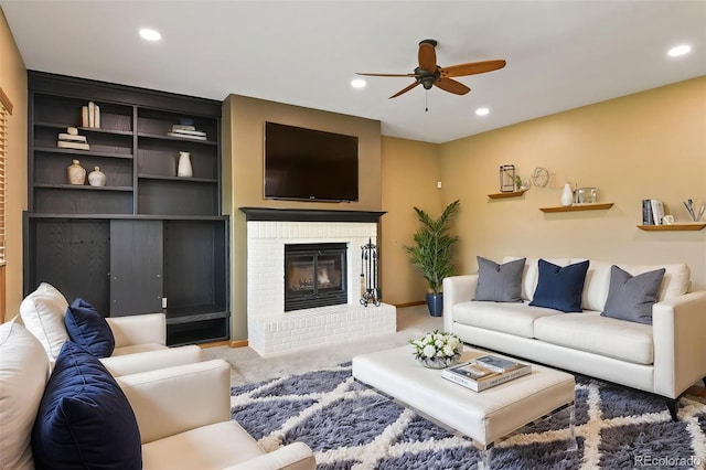 8286 W 108th Pl, Westminster, CO 80021 - living room with a ceiling fan, recessed lighting, a fireplace, and carpet flooring