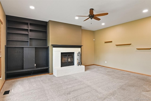 8286 W 108th Pl, Westminster, CO 80021 - unfurnished living room featuring ceiling fan, carpet floors, a fireplace, and recessed lighting