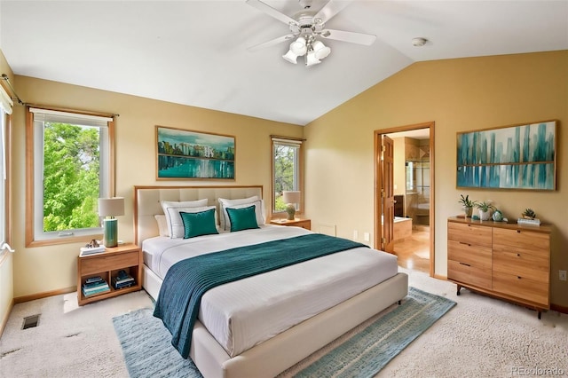 8286 W 108th Pl, Westminster, CO 80021 - bedroom featuring light carpet, lofted ceiling, a ceiling fan, and ensuite bathroom