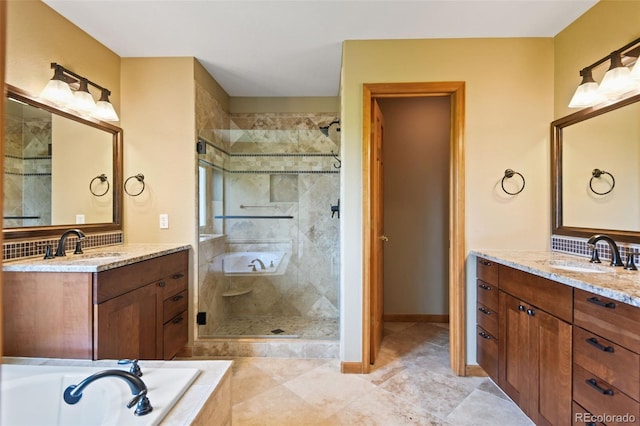 8286 W 108th Pl, Westminster, CO 80021 - bathroom with a shower stall, a bath, two vanities, and tile patterned flooring