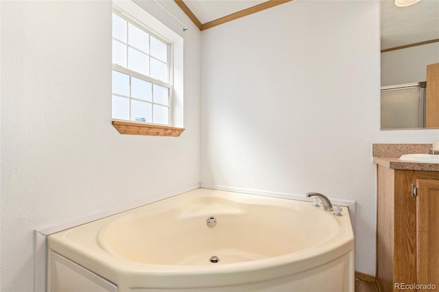 2019 S Fox St, Denver, CO 80223 - bathroom featuring ornamental molding, vanity, a bath, and a stall shower