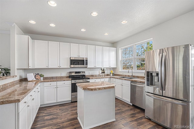 23841 E Alabama Dr, Aurora, CO 80018 - kitchen with stainless steel appliances, a sink, white cabinets, dark wood finished floors, and recessed lighting