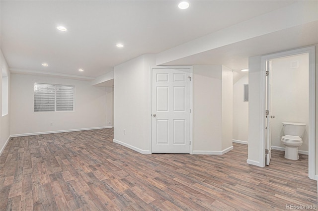 23841 E Alabama Dr, Aurora, CO 80018 - finished basement featuring baseboards, wood finished floors, and recessed lighting
