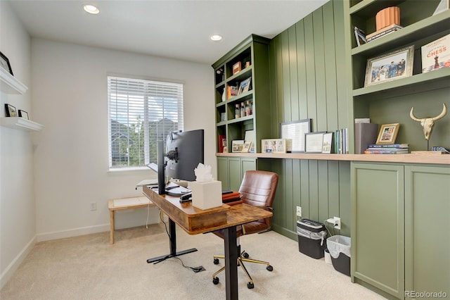office area featuring light carpet, baseboards, and recessed lighting