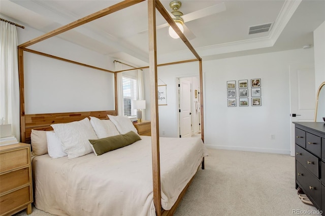 bedroom with light carpet and a ceiling fan