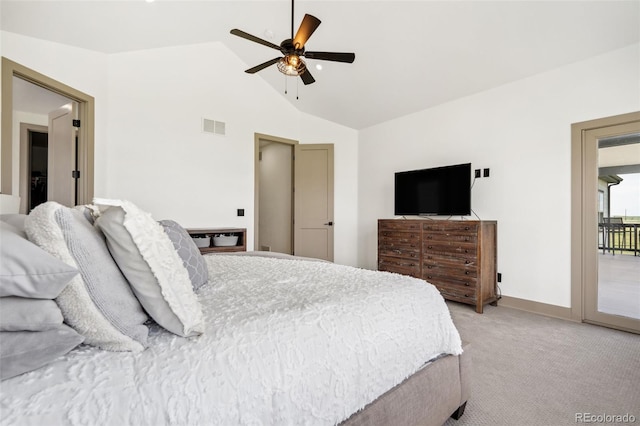 bedroom featuring light carpet, access to outside, a ceiling fan, baseboards, and high vaulted ceiling