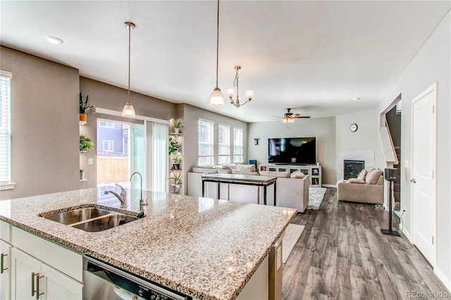 kitchen with a glass covered fireplace, white cabinetry, dark wood finished floors, a sink, and dishwasher