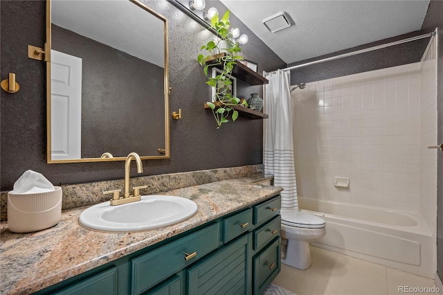 full bathroom with vanity, toilet, and shower / bath combination with curtain