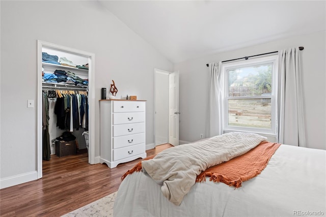 bedroom featuring a closet, high vaulted ceiling, a spacious closet, and hardwood / wood-style floors