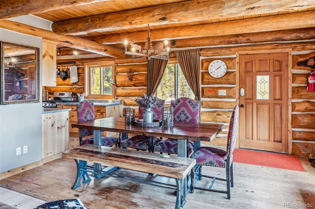 795 Zebulon St, Alma, CO 80420 - dining room featuring log walls, light wood-style floors, beamed ceiling, a chandelier, and wood ceiling