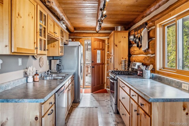 795 Zebulon St, Alma, CO 80420 - kitchen with appliances with stainless steel finishes, log walls, wooden ceiling, healthy amount of natural light, and a sink