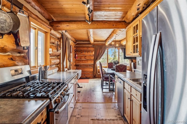 795 Zebulon St, Alma, CO 80420 - kitchen featuring stainless steel appliances, rustic walls, wood ceiling, beamed ceiling, and glass insert cabinets