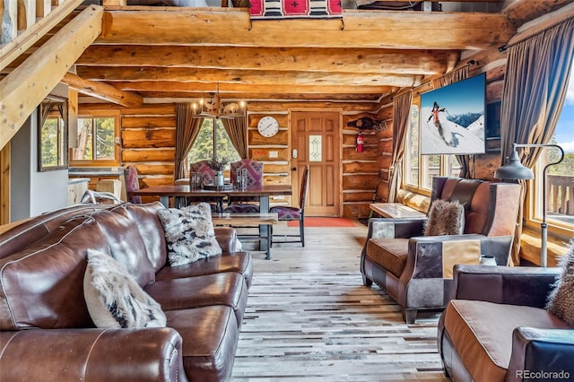 795 Zebulon St, Alma, CO 80420 - living room with log walls, hardwood / wood-style floors, and beamed ceiling