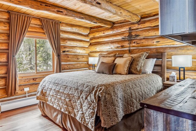 795 Zebulon St, Alma, CO 80420 - bedroom featuring log walls, wood ceiling, wood-type flooring, a baseboard radiator, and beam ceiling