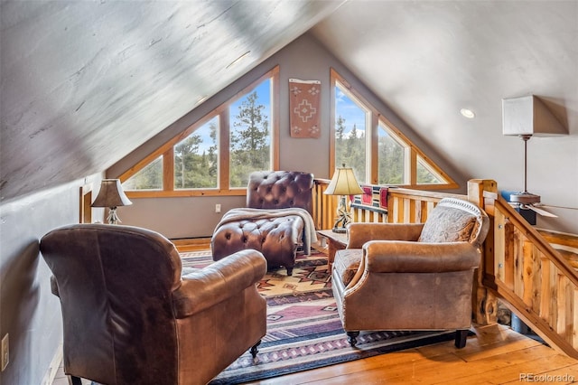 795 Zebulon St, Alma, CO 80420 - living area with vaulted ceiling, hardwood / wood-style floors, and a ceiling fan