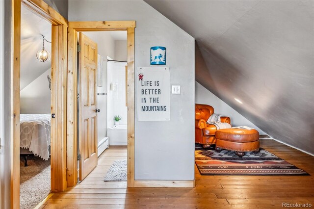 795 Zebulon St, Alma, CO 80420 - corridor with lofted ceiling, a baseboard radiator, and hardwood / wood-style flooring