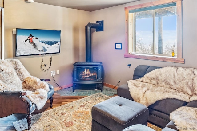 795 Zebulon St, Alma, CO 80420 - living room featuring a wood stove, wood finished floors, plenty of natural light, and baseboards