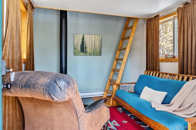 795 Zebulon St, Alma, CO 80420 - living room featuring a baseboard heating unit, wood finished floors, and baseboards