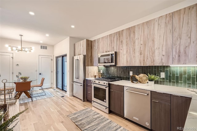 kitchen featuring light hardwood / wood-style floors, high end appliances, pendant lighting, decorative backsplash, and an inviting chandelier