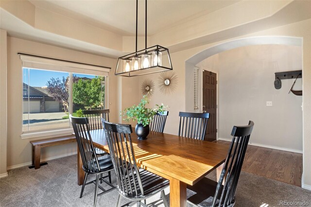 carpeted dining room featuring an inviting chandelier and a raised ceiling