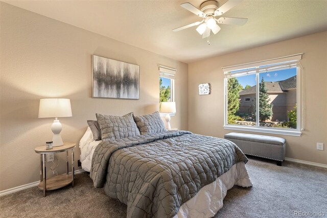 bedroom featuring ceiling fan and carpet floors